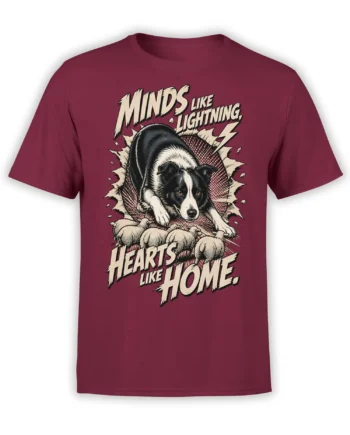 Black and white dog with pups and lightning artwork on a burgundy dog graphic T-shirt