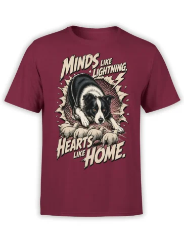 Black and white dog with pups and lightning artwork on a burgundy dog graphic T-shirt