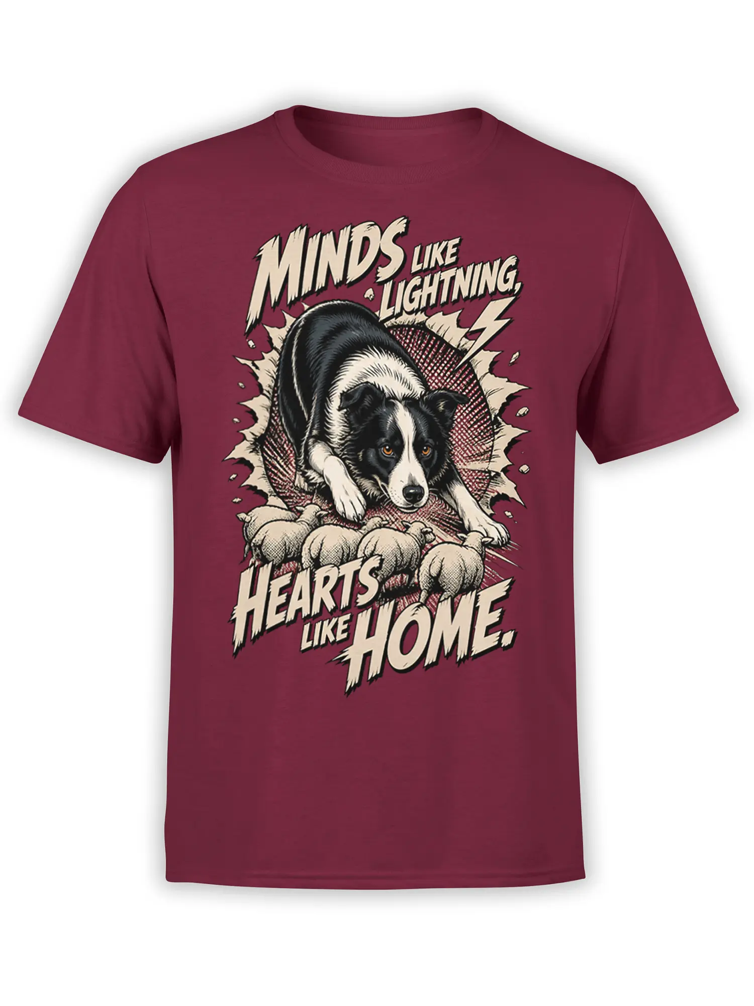 Black and white dog with pups and lightning artwork on a burgundy dog graphic T-shirt