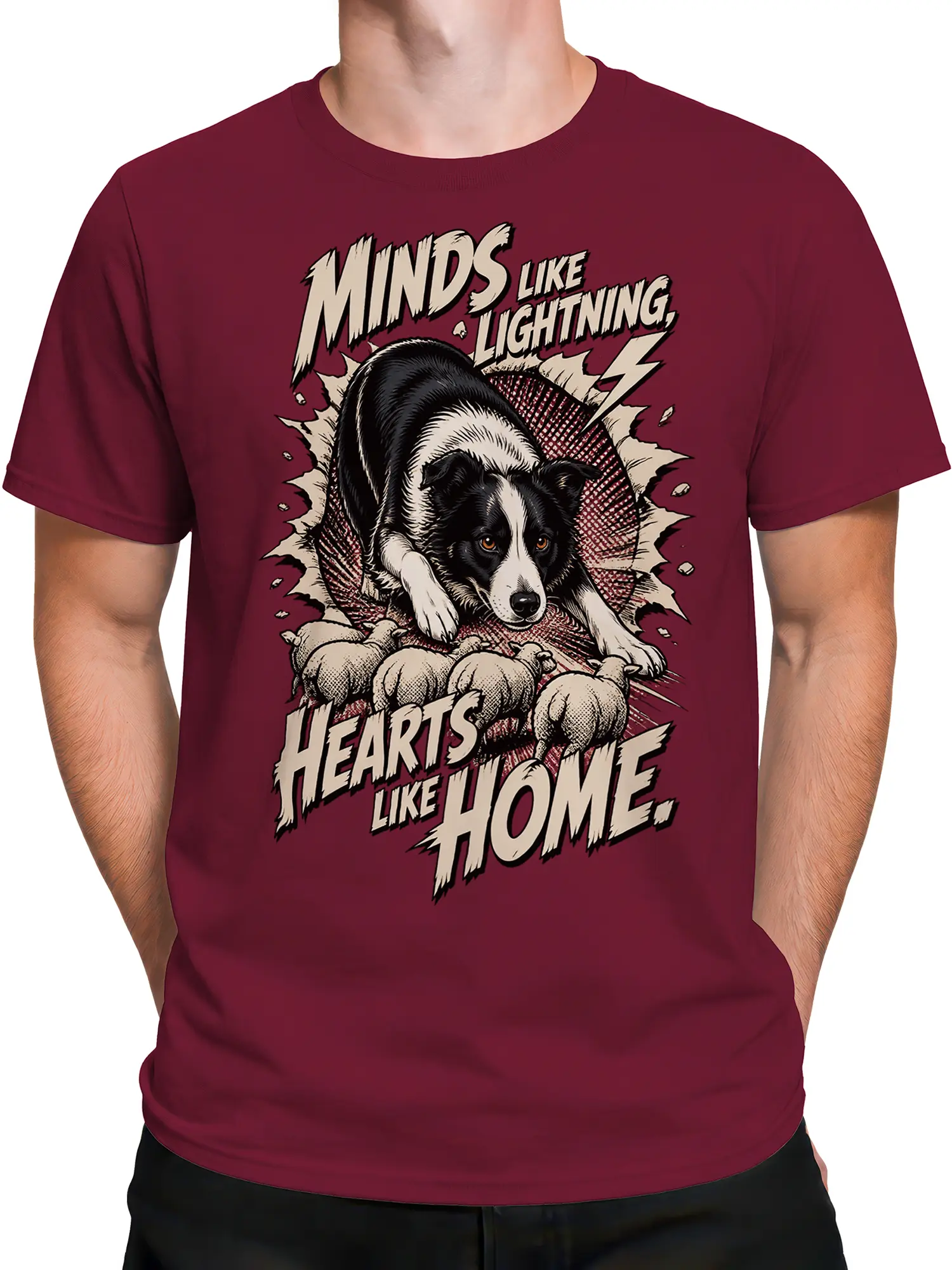 Male torso wearing a burgundy T-shirt with black and white dog and puppy graphic