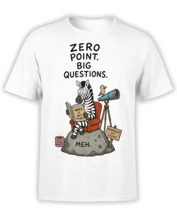 White T-shirt with existential zebra reading a book beside a telescope and humorous philosophical signs