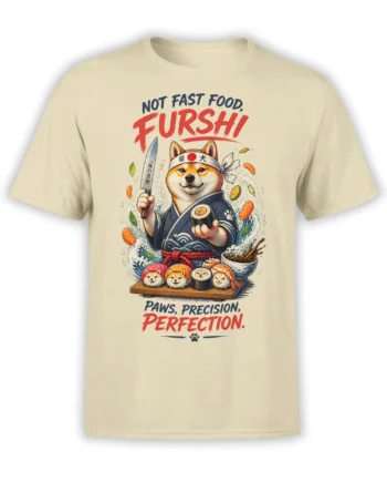 Beige T-shirt featuring a Shiba Inu sushi chef, maki rolls, waves, and bold red and navy lettering