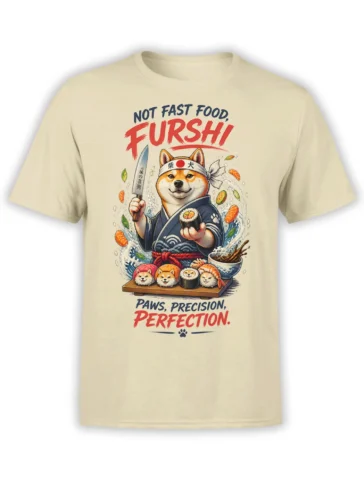 Beige T-shirt featuring a Shiba Inu sushi chef, maki rolls, waves, and bold red and navy lettering