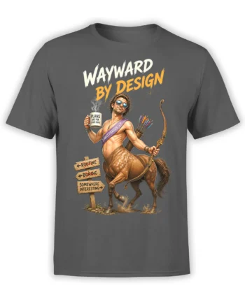 Wayward Sagittarius centaur archer graphic on a gray shirt with signs pointing away from boring routine