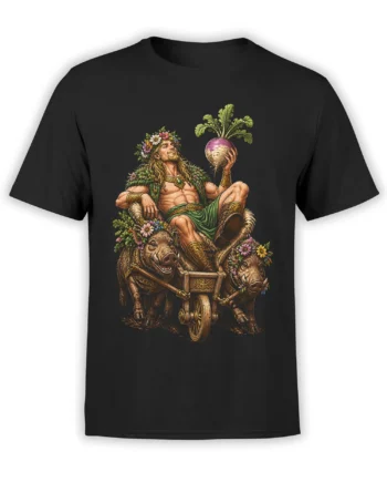 Black T-shirt with a flower-crowned fantasy rider and two wild boars pulling a carved chariot