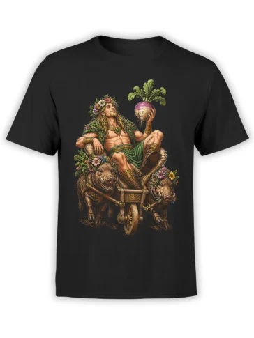 Black T-shirt with a flower-crowned fantasy rider and two wild boars pulling a carved chariot
