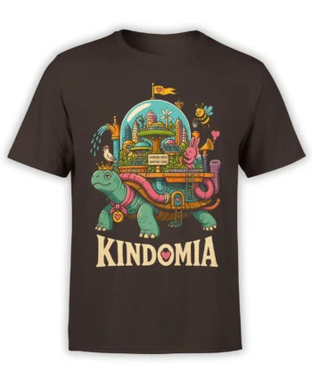 Brown turtle t-shirt with a colorful city on its shell, small animals, hearts, and KINDOMIA lettering