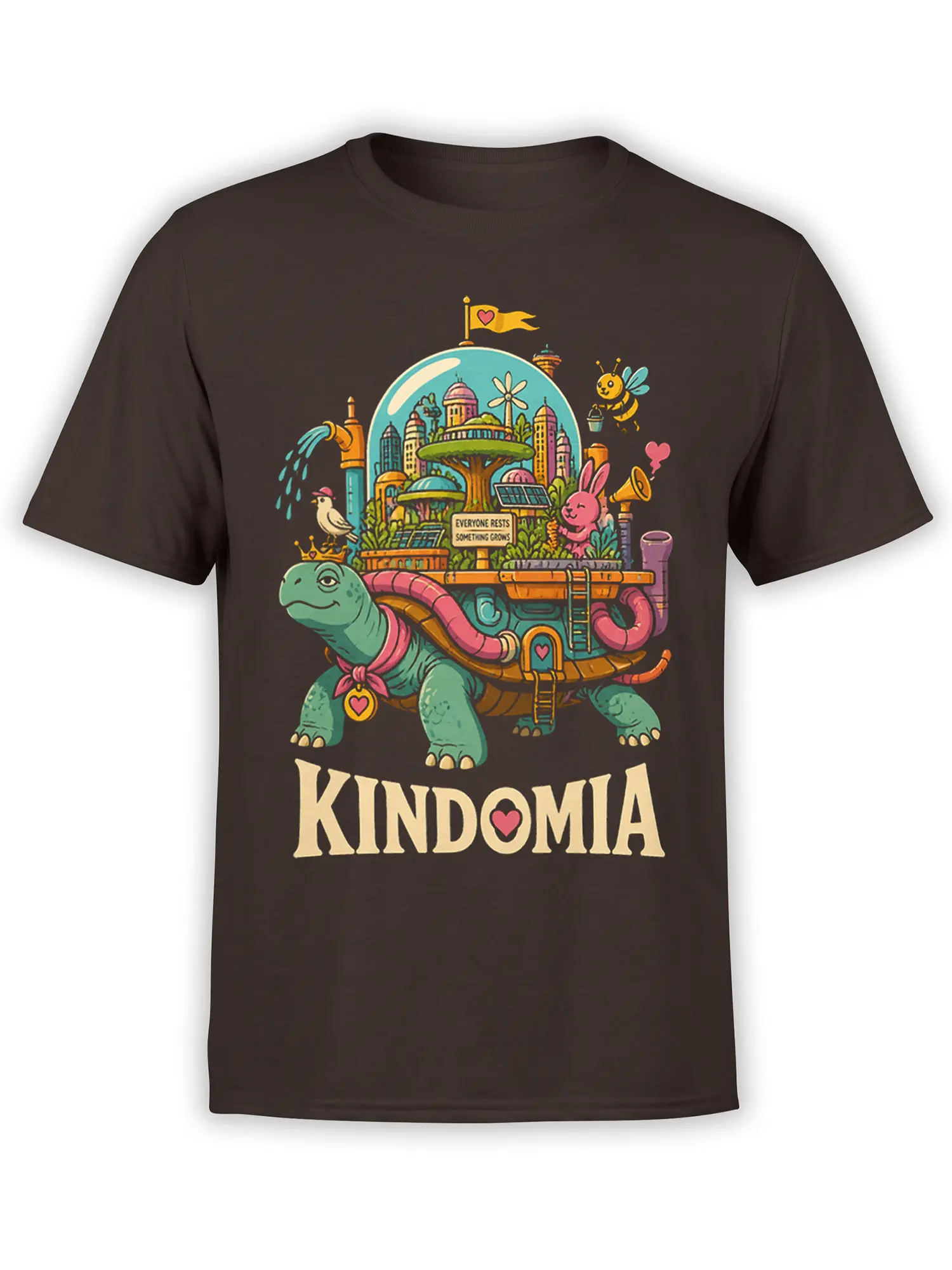 Brown turtle t-shirt with a colorful city on its shell, small animals, hearts, and KINDOMIA lettering
