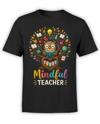 Black teacher shirt featuring a colorful reading owl, books, learning symbols, and Mindful Teacher lettering