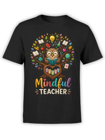 Black teacher shirt featuring a colorful reading owl, books, learning symbols, and Mindful Teacher lettering