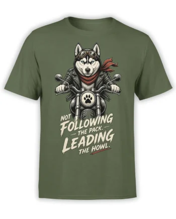 Husky biker riding a motorcycle on a green shirt with aviator goggles and bold “Leading the Howl” lettering