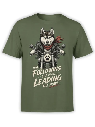 Husky biker riding a motorcycle on a green shirt with aviator goggles and bold “Leading the Howl” lettering