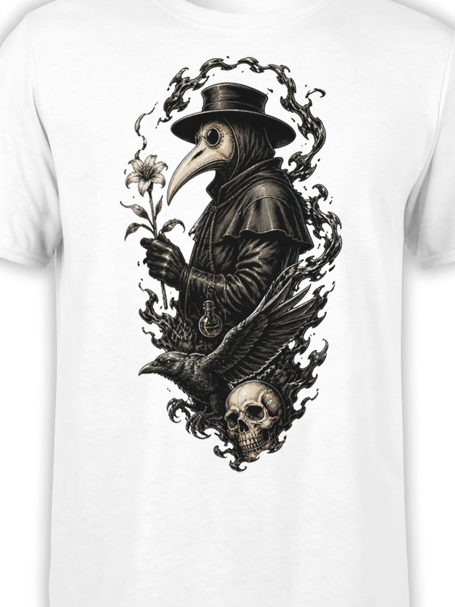 Close-up of plague doctor, raven, flower, and skull artwork printed on a white graphic tee
