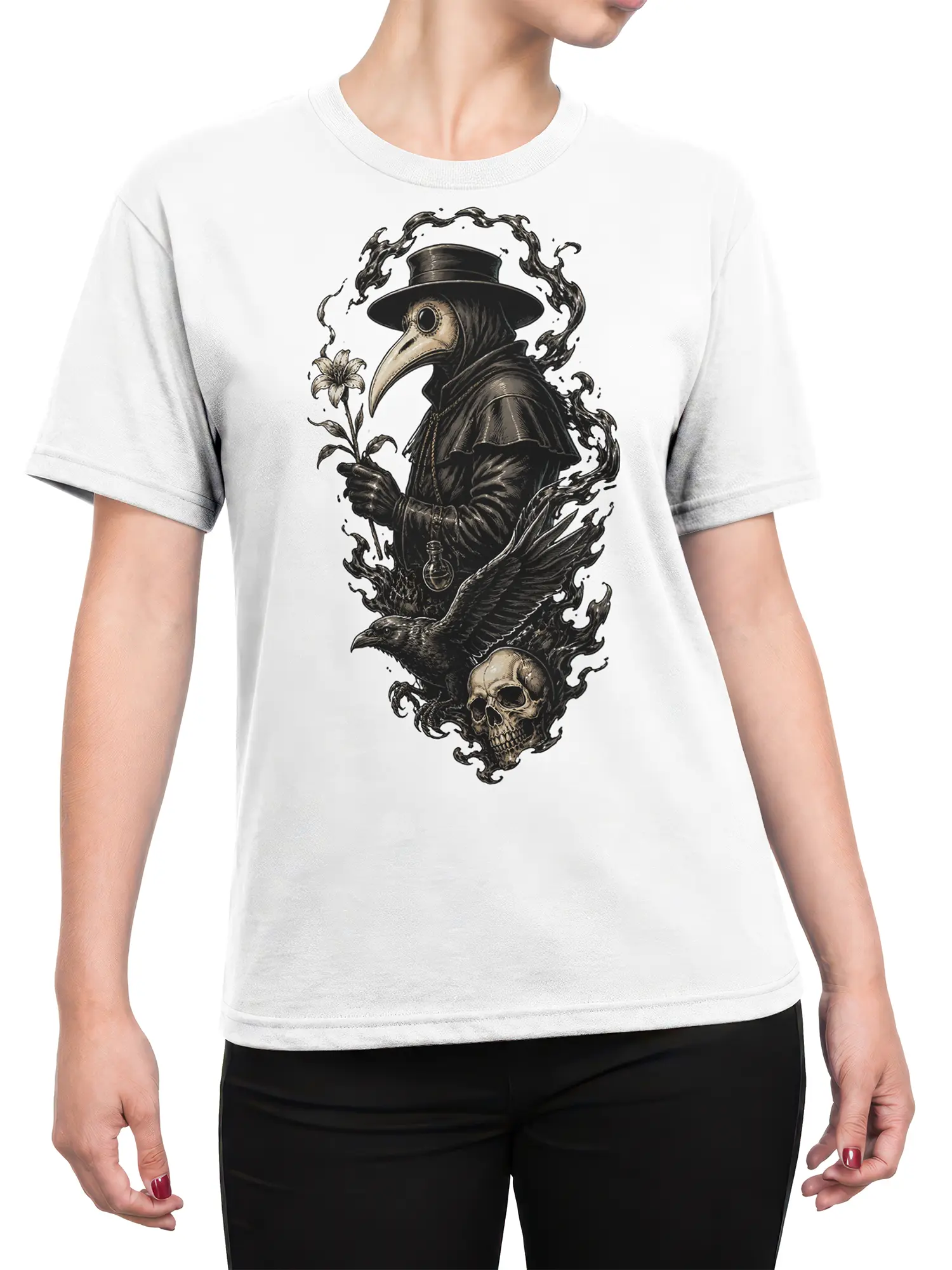 Female torso wearing a white T-shirt with gothic plague doctor, raven, and skull artwork