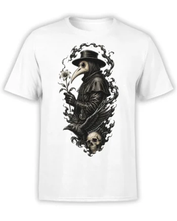 White T-shirt with vintage plague doctor holding a flower, a raven, and a skull in gothic artwork