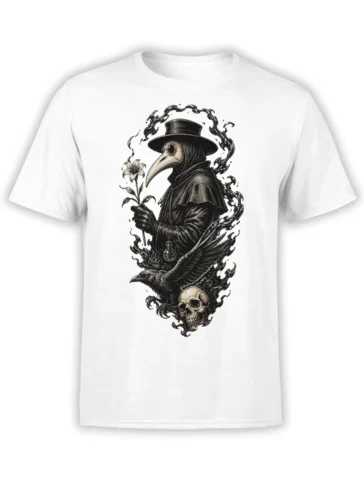 White T-shirt with vintage plague doctor holding a flower, a raven, and a skull in gothic artwork