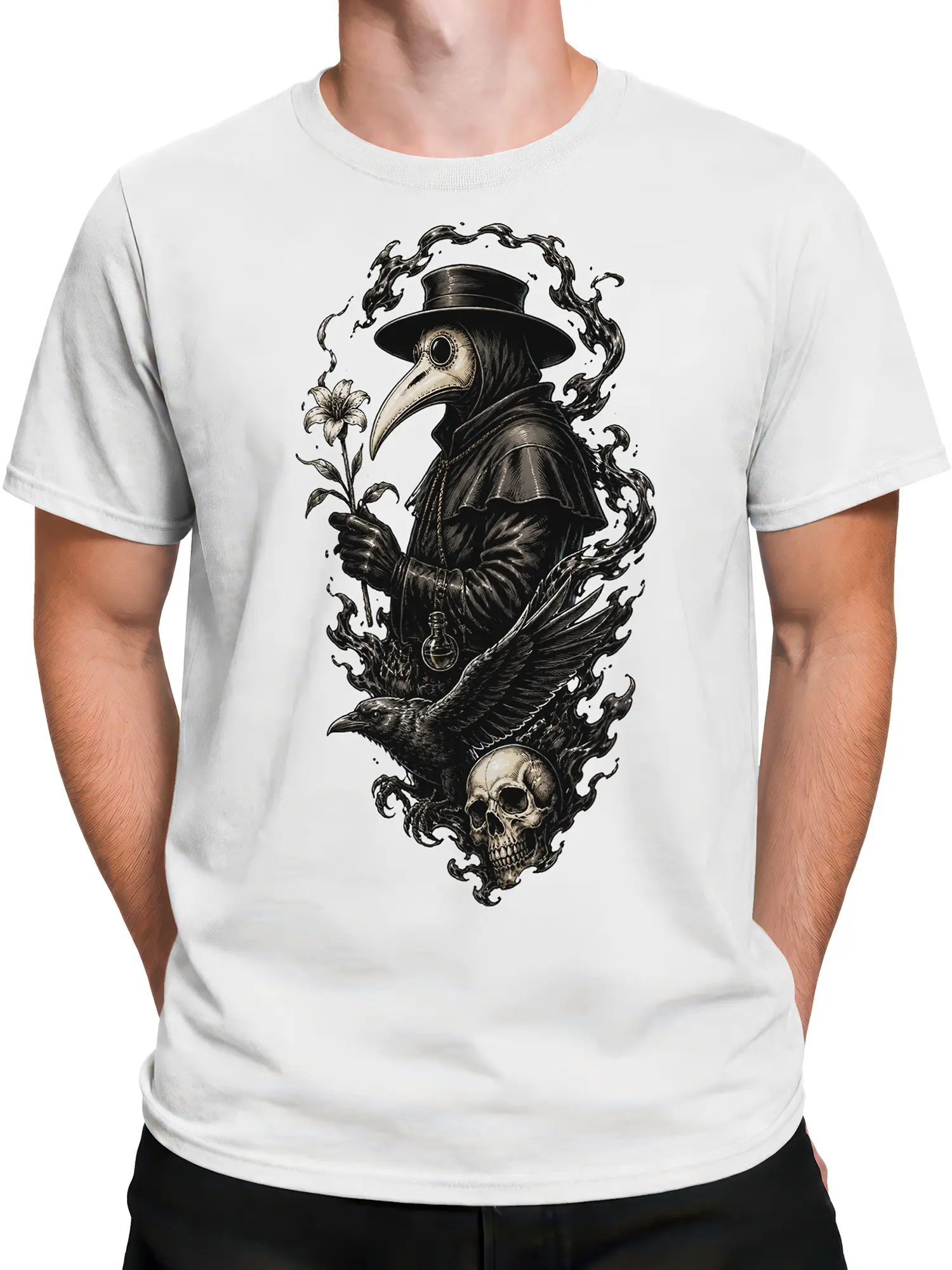 Male torso wearing a white gothic T-shirt with plague doctor and raven skull artwork