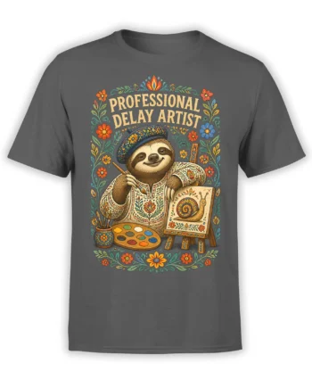 Gray T-shirt with a colorful sloth artist, paint palette, easel, flowers, and “Professional Delay Artist” text