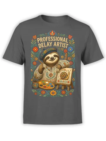 Gray T-shirt with a colorful sloth artist, paint palette, easel, flowers, and “Professional Delay Artist” text