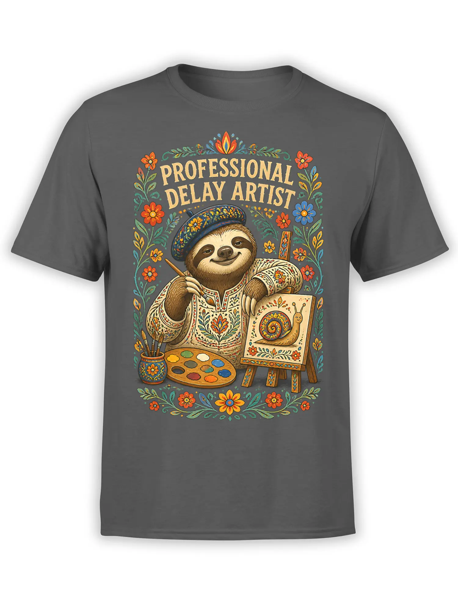 Gray T-shirt with a colorful sloth artist, paint palette, easel, flowers, and “Professional Delay Artist” text