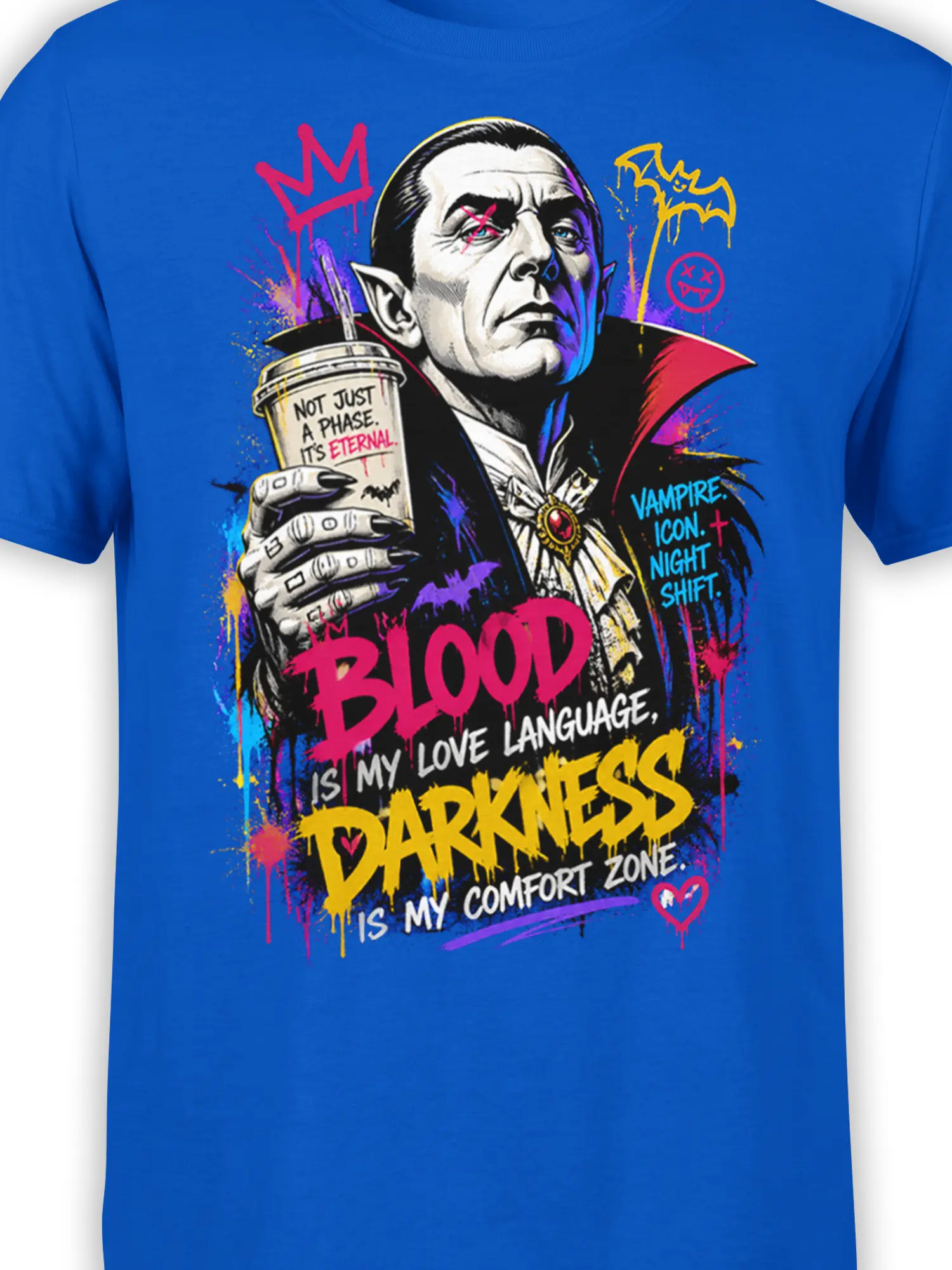 Close-up of the colorful vampire design and bold blood lettering on a blue T-shirt