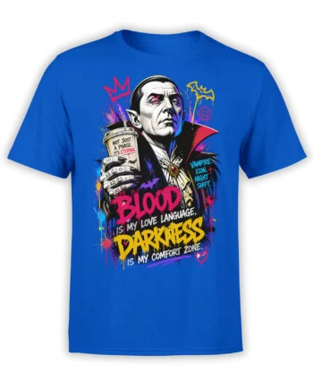 Colorful vampire graphic tee on a blue shirt with bold blood and darkness lettering