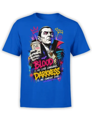 Colorful vampire graphic tee on a blue shirt with bold blood and darkness lettering