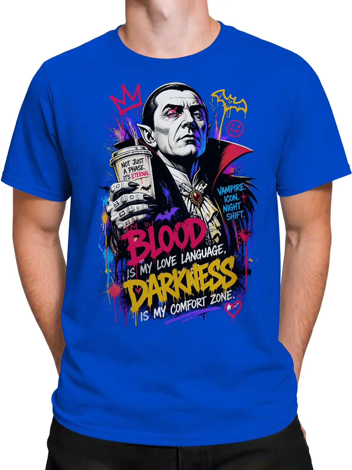 Male torso wearing a blue vampire graphic T-shirt with neon gothic artwork and bold text