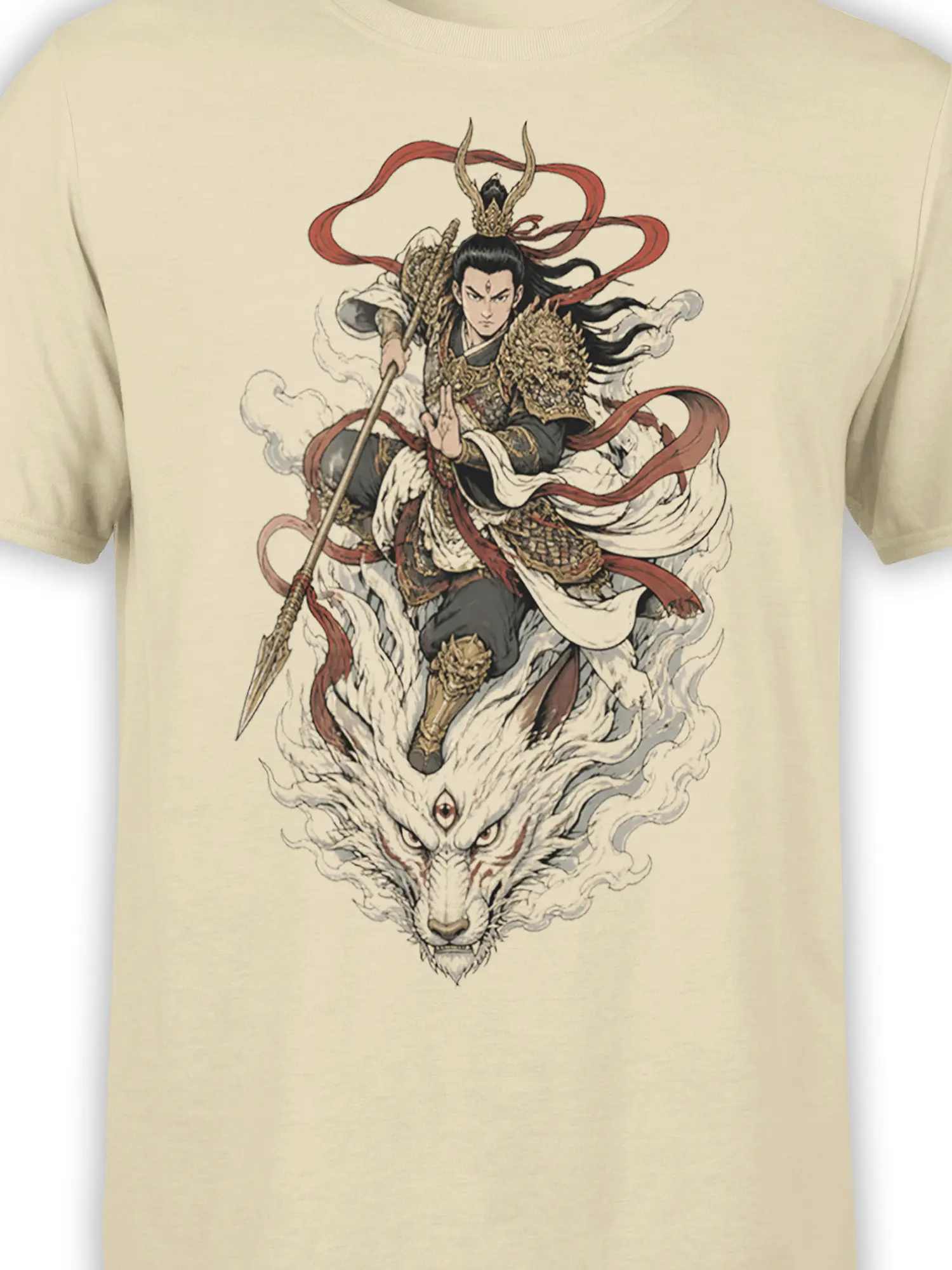 Close-up of the armored dragon warrior and fierce white dragon graphic on a beige T-shirt
