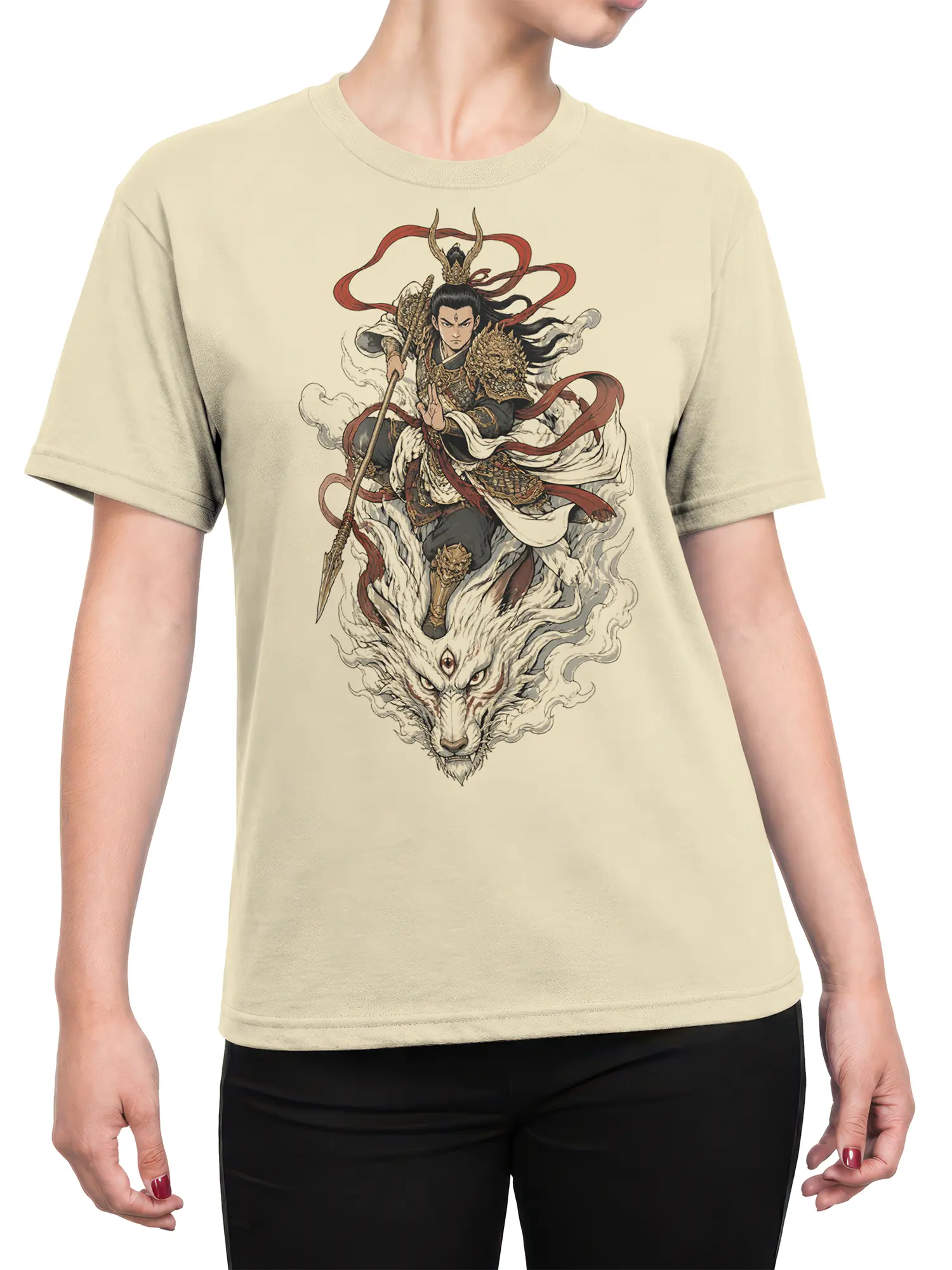 Female torso wearing a beige T-shirt with an ornate dragon warrior and white dragon graphic