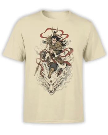 Beige T-shirt with an ornate dragon warrior, spear, red ribbons, and fierce white dragon artwork