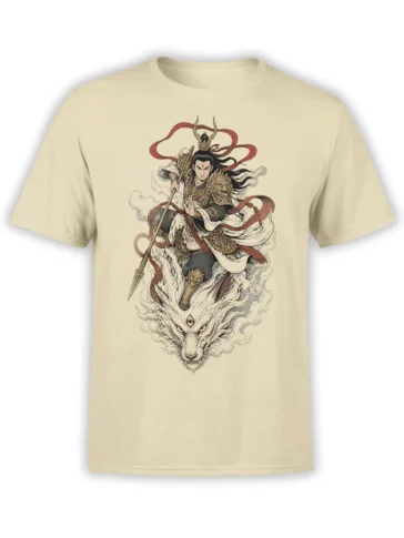 Beige T-shirt with an ornate dragon warrior, spear, red ribbons, and fierce white dragon artwork