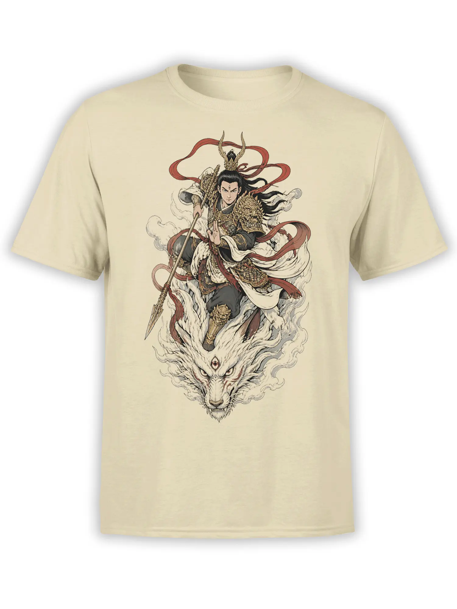 Beige T-shirt with an ornate dragon warrior, spear, red ribbons, and fierce white dragon artwork