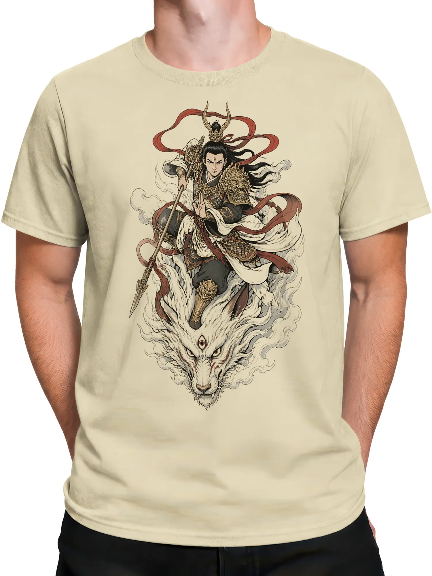 Male torso wearing a beige T-shirt with an ornate dragon warrior and white dragon graphic