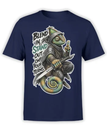 Detailed green chameleon warrior with sword and bold message on a navy graphic T-shirt