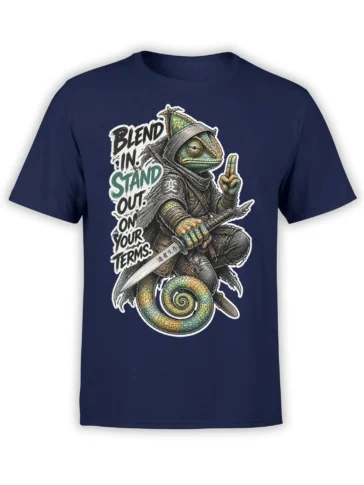 Detailed green chameleon warrior with sword and bold message on a navy graphic T-shirt