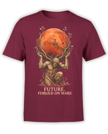 Mythic titan holding a red Mars-inspired planet among roots on a burgundy graphic T-shirt