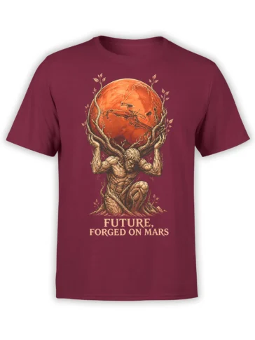 Mythic titan holding a red Mars-inspired planet among roots on a burgundy graphic T-shirt