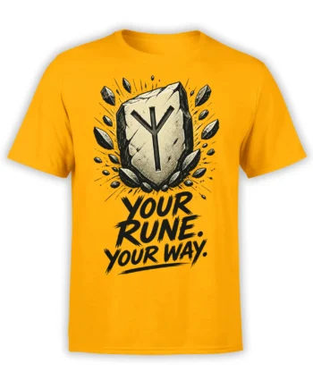 Orange T-shirt with a black rune stone graphic, sharp ink bursts, and "YOUR RUNE. YOUR WAY." lettering