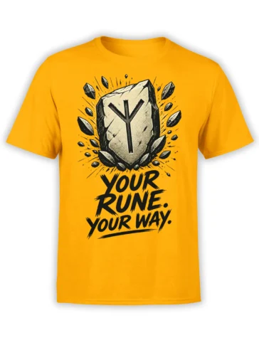 Orange T-shirt with a black rune stone graphic, sharp ink bursts, and "YOUR RUNE. YOUR WAY." lettering