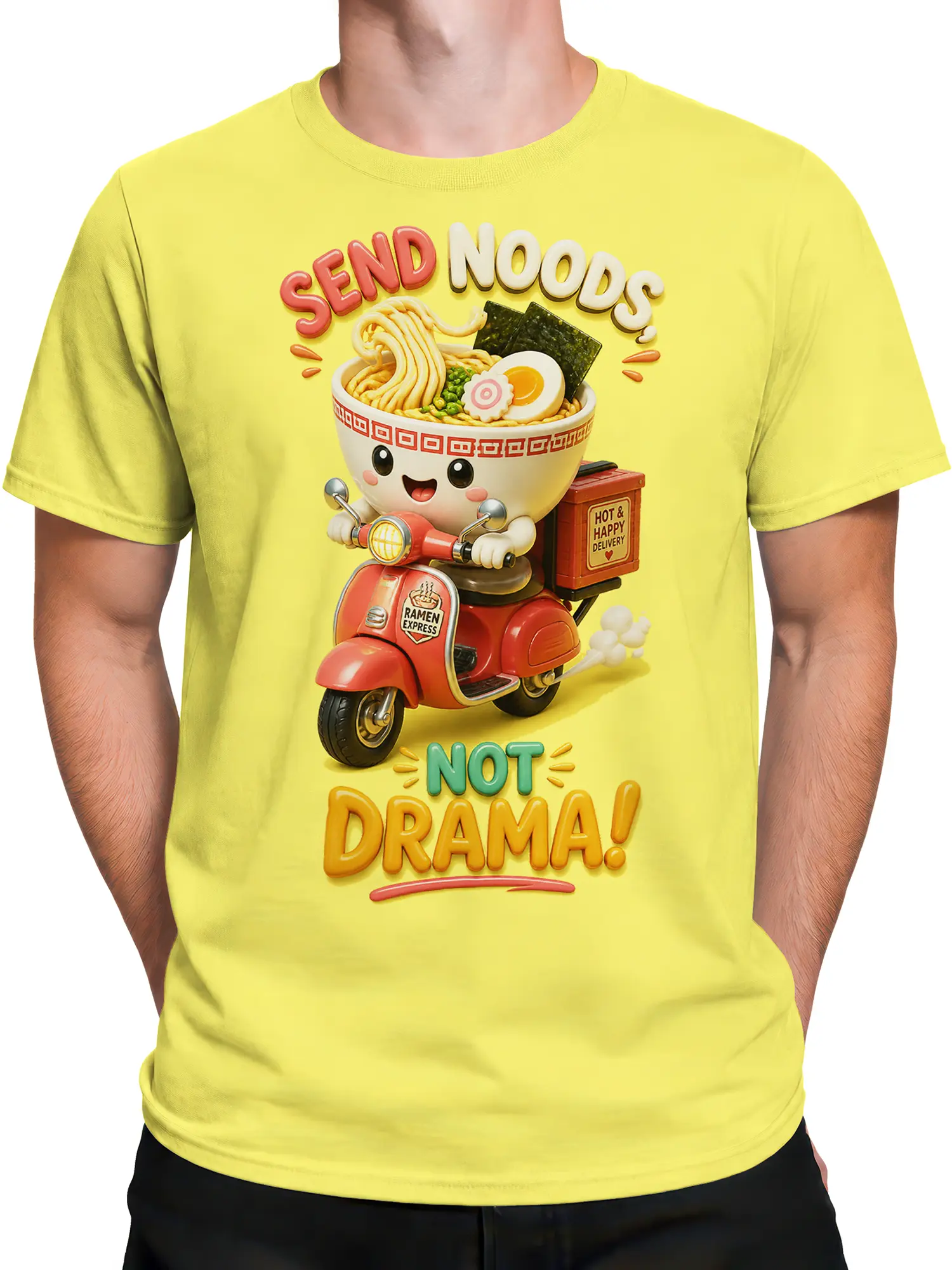 Male torso wearing a yellow ramen T-shirt with a red scooter, noodle bowl, and “NOT DRAMA!” lettering