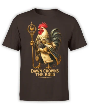 Armored rooster with compass staff and map scroll on a brown “Dawn Crowns the Bold” T-shirt