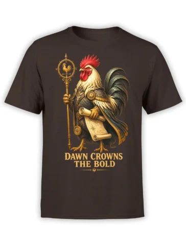 Armored rooster with compass staff and map scroll on a brown “Dawn Crowns the Bold” T-shirt