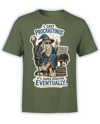 Green T-shirt with a wizard casting procrastination magic beside coffee, books, a laptop, and a black cat