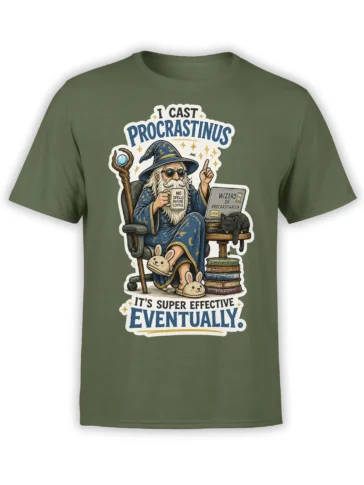 Green T-shirt with a wizard casting procrastination magic beside coffee, books, a laptop, and a black cat