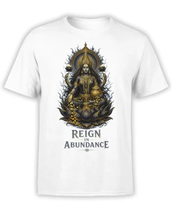 White goddess t-shirt with a four-armed figure seated on a lotus and “Reign in Abundance” lettering