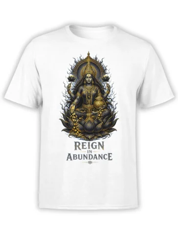 White goddess t-shirt with a four-armed figure seated on a lotus and “Reign in Abundance” lettering