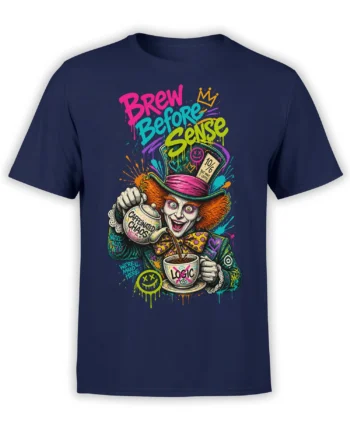 Colorful caffeinated gentleman coffee design with “Brew Before Sense” text on a navy T-shirt