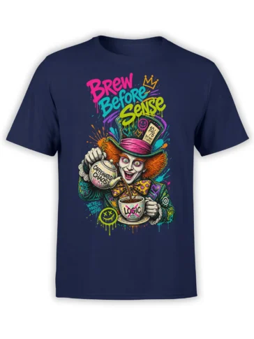 Colorful caffeinated gentleman coffee design with “Brew Before Sense” text on a navy T-shirt