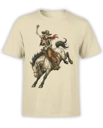 Beige T-shirt with vintage skeleton cowboy riding a bucking horse in detailed western artwork